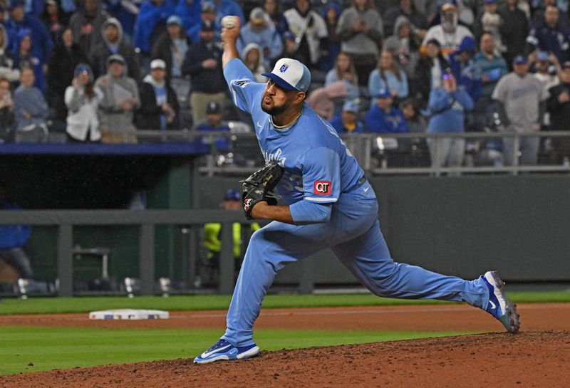 Apr 26, 2025; Kansas City, Missouri, USA;  Kansas City Royals relief pitcher Carlos Estevez (53) throws a pitch in the ninth inning against the Houston Astros at Kauffman Stadium. Mandatory Credit: Peter Aiken-Imagn Images