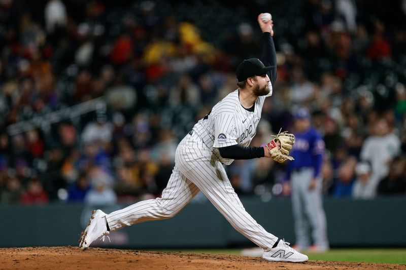 May 10, 2024; Denver, Colorado, USA; Colorado Rockies relief pitcher Jalen Beeks (68) pitches in the ninth inning against the Texas Rangers at Coors Field. Mandatory Credit: Isaiah J. Downing-USA TODAY Sports