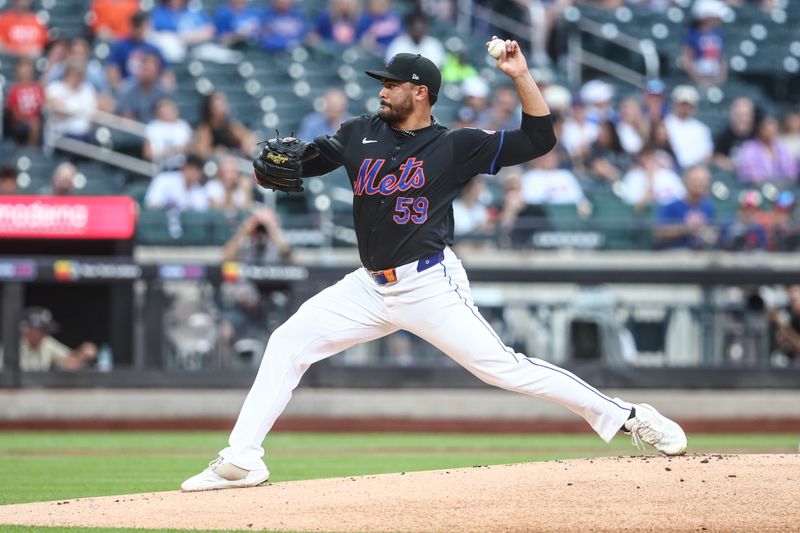 Jul 12, 2024; New York City, New York, USA;  New York Mets starting pitcher Sean Manaea (59) pitches in the first inning against the Colorado Rockies at Citi Field. Mandatory Credit: Wendell Cruz-USA TODAY Sports