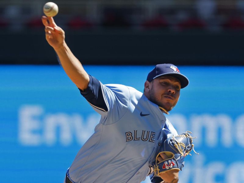 Sep 1, 2024; Minneapolis, Minnesota, USA; Toronto Blue Jays starting pitcher Yariel Rodriguez (29) throws to the Minnesota Twins in the first inning at Target Field. Mandatory Credit: Bruce Kluckhohn-USA TODAY Sports