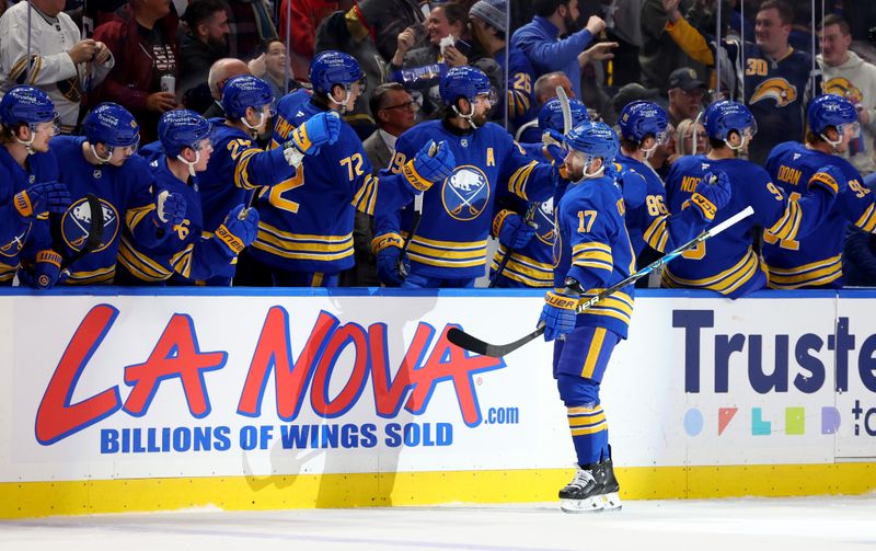 Mar 3, 2026; Buffalo, New York, USA;  Buffalo Sabres left wing Jason Zucker (17) celebrates his goal with teammates during the first period against the Vegas Golden Knights at KeyBank Center. Mandatory Credit: Timothy T. Ludwig-Imagn Images