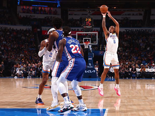 OKLAHOMA CITY, OK - NOVEMBER 25:  Jaylin Williams #6 of the Oklahoma City Thunder shoots a three point basket during the game against the Philadelphia 76ers on November 25, 2023 at Paycom Arena in Oklahoma City, Oklahoma. NOTE TO USER: User expressly acknowledges and agrees that, by downloading and or using this photograph, User is consenting to the terms and conditions of the Getty Images License Agreement. Mandatory Copyright Notice: Copyright 2023 NBAE (Photo by Zach Beeker/NBAE via Getty Images)