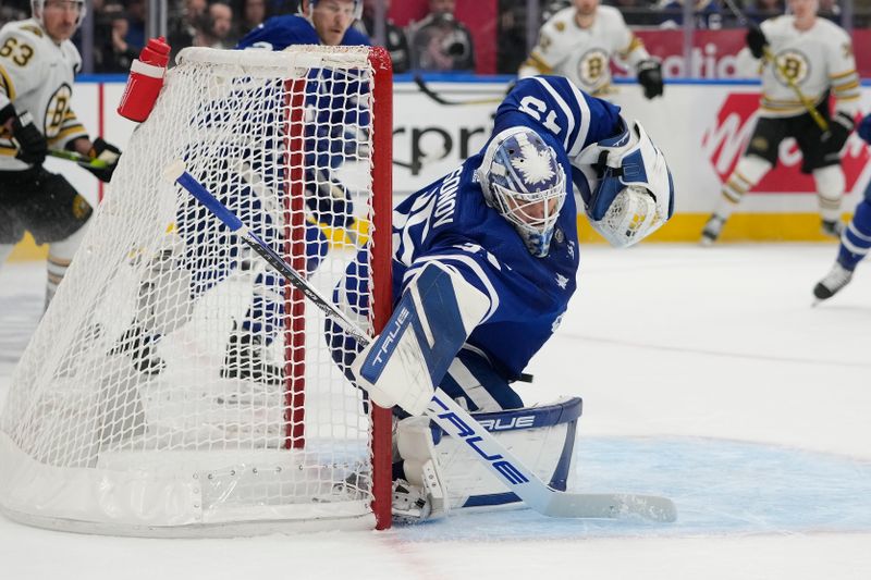 Apr 24, 2024; Toronto, Ontario, CAN; Toronto Maple Leafs goaltender Ilya Samsonov (35) makes a save against the Boston Bruins during the second period of game three of the first round of the 2024 Stanley Cup Playoffs at Scotiabank Arena. Mandatory Credit: John E. Sokolowski-USA TODAY Sports