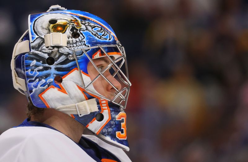 Nov 1, 2024; Buffalo, New York, USA;  New York Islanders goaltender Ilya Sorokin (30) during a stoppage in play against the Buffalo Sabres during the second period at KeyBank Center. Mandatory Credit: Timothy T. Ludwig-Imagn Images