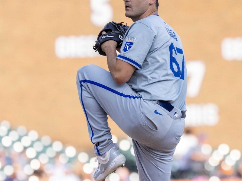 Aug 1, 2024; Detroit, Michigan, USA; Kansas City Royals starting pitcher Seth Lugo (67) delivers a pitch in the first inning against the Detroit Tigers at Comerica Park. Mandatory Credit: David Reginek-USA TODAY Sports