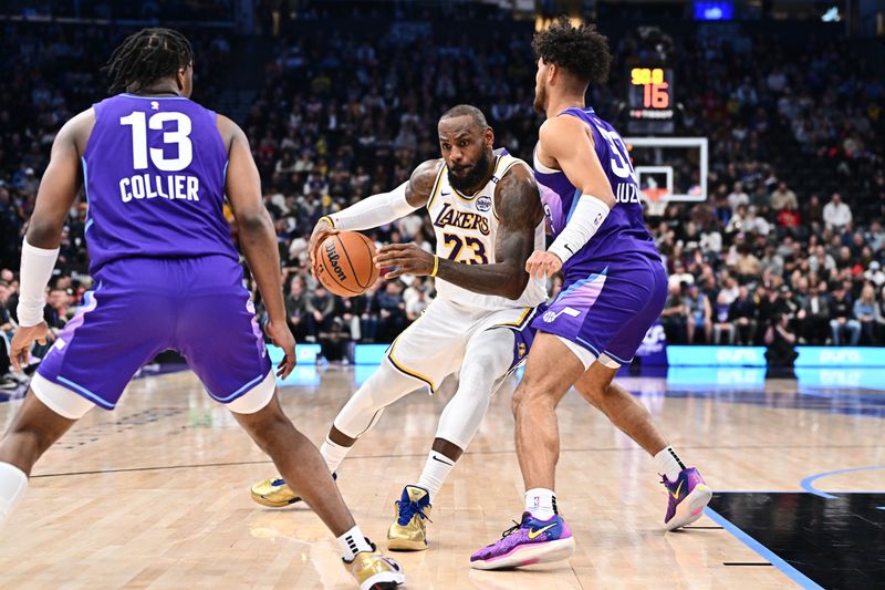 SALT LAKE CITY, UT - DECEMBER 1: LeBron James #23 of the Los Angeles Lakers dribbles the ball during the game against the Utah Jazz on December 1, 2024 at Delta Center in Salt Lake City, Utah. NOTE TO USER: User expressly acknowledges and agrees that, by downloading and or using this Photograph, User is consenting to the terms and conditions of the Getty Images License Agreement. Mandatory Copyright Notice: Copyright 2024 NBAE (Photo by Jamie Sabau/NBAE via Getty Images)