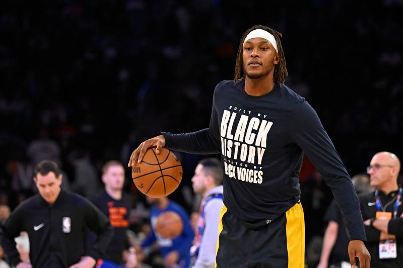 NEW YORK, NY - FEBRUARY 10: Myles Turner #33 of the Indiana Pacers warms up before the game against the New York Knicks on February 10, 2024 at Madison Square Garden in New York City, New York.  NOTE TO USER: User expressly acknowledges and agrees that, by downloading and or using this photograph, User is consenting to the terms and conditions of the Getty Images License Agreement. Mandatory Copyright Notice: Copyright 2024 NBAE  (Photo by David Dow/NBAE via Getty Images)