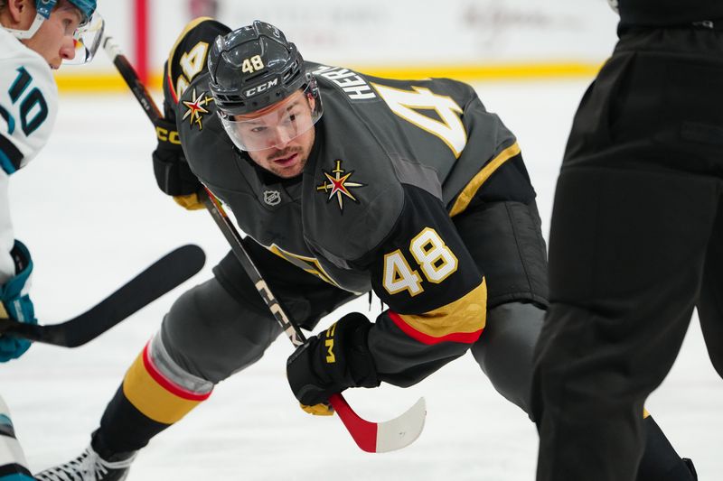 Nov 29, 2025; Las Vegas, Nevada, USA; Vegas Golden Knights center Tomas Hertl (48) looks to take a face off against San Jose Sharks center Ty Dellandrea (10) during the third period at T-Mobile Arena. Mandatory Credit: Stephen R. Sylvanie-Imagn Images