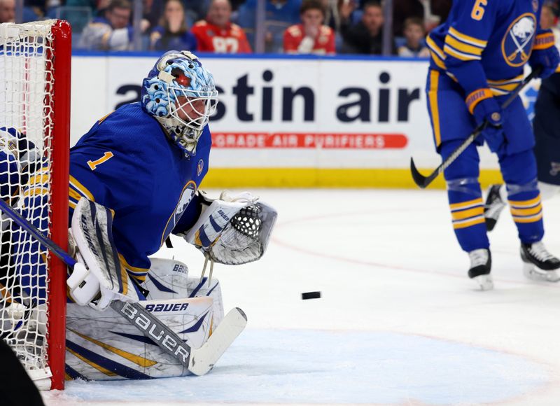 Feb 10, 2024; Buffalo, New York, USA;  Buffalo Sabres goaltender Ukko-Pekka Luukkonen (1) looks to make a save during the first period against the St. Louis Blues at KeyBank Center. Mandatory Credit: Timothy T. Ludwig-USA TODAY Sports