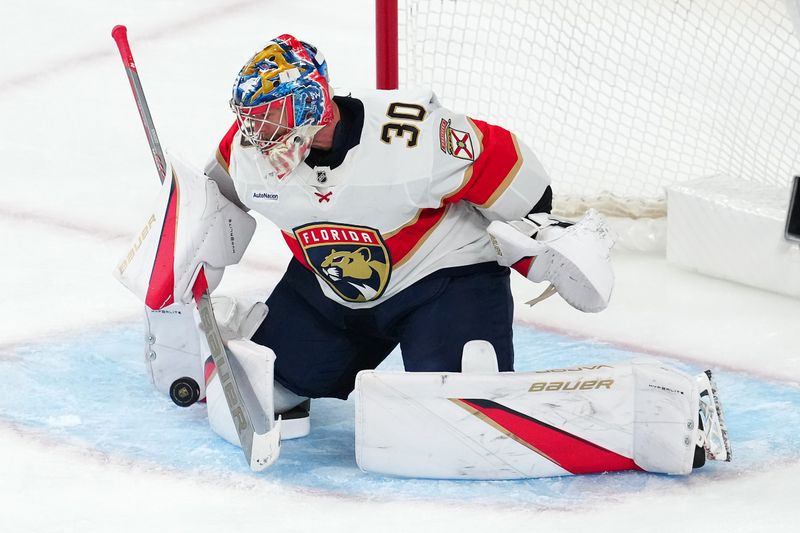 Jan 26, 2025; Las Vegas, Nevada, USA; Florida Panthers goaltender Spencer Knight (30) makes a save against the Vegas Golden Knights during the third period at T-Mobile Arena. Mandatory Credit: Stephen R. Sylvanie-Imagn Images