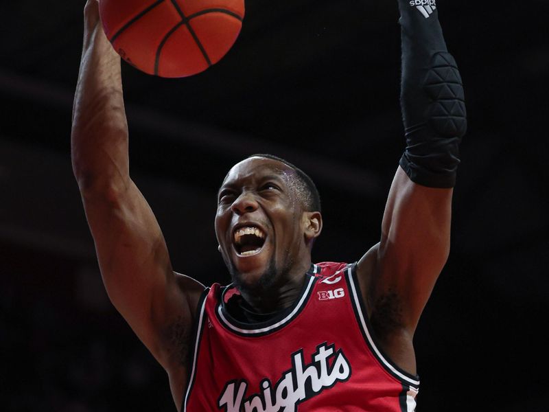 Feb 29, 2024; Piscataway, New Jersey, USA; Rutgers Scarlet Knights forward Aundre Hyatt (5) dunks the ball during the second half against the Michigan Wolverines at Jersey Mike's Arena. Mandatory Credit: Vincent Carchietta-USA TODAY Sports