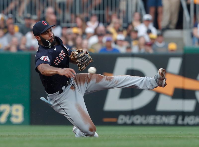 Jul 18, 2023; Pittsburgh, Pennsylvania, USA; Cleveland Guardians shortstop Amed Rosario (1) throws from his knees for a force out of Pittsburgh Pirates right fielderHenry Davis (not pictured) at second base during the second inning at PNC Park. Mandatory Credit: Charles LeClaire-USA TODAY Sports