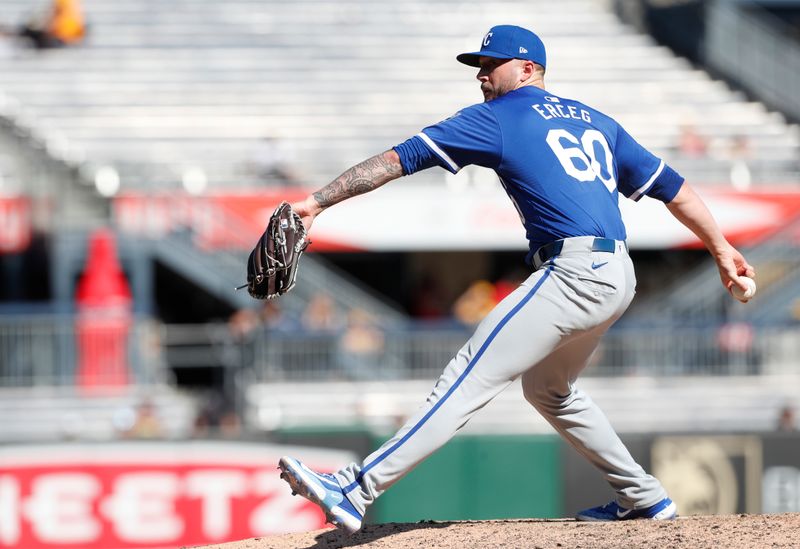 Sep 14, 2024; Pittsburgh, Pennsylvania, USA;  Kansas City Royals relief pitcher Lucas Erceg (60) pitches against the Pittsburgh Pirates during the ninth inning at PNC Park. Mandatory Credit: Charles LeClaire-Imagn Images