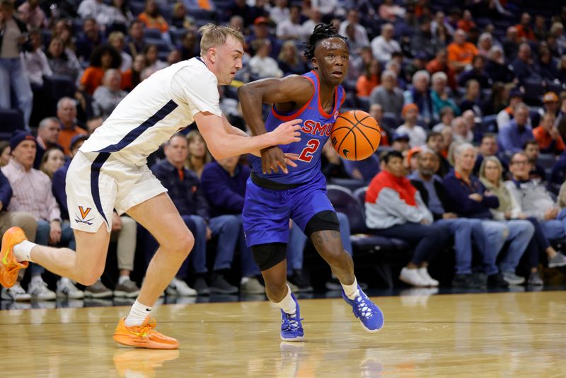 Jan 15, 2025; Charlottesville, Virginia, USA; Southern Methodist Mustangs guard Boopie Miller (2) dribbles the ball as Virginia Cavaliers guard Andrew Rohde (4) defends during the first half at John Paul Jones Arena. Mandatory Credit: Amber Searls-Imagn Images