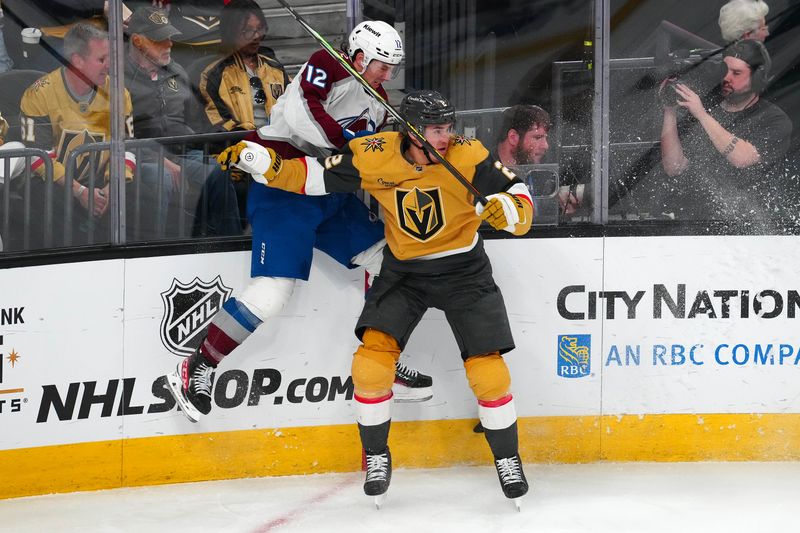 Apr 14, 2024; Las Vegas, Nevada, USA; Vegas Golden Knights defenseman Zach Whitecloud (2) checks Colorado Avalanche right wing Brandon Duhaime (12) during the third period at T-Mobile Arena. Mandatory Credit: Stephen R. Sylvanie-USA TODAY Sports