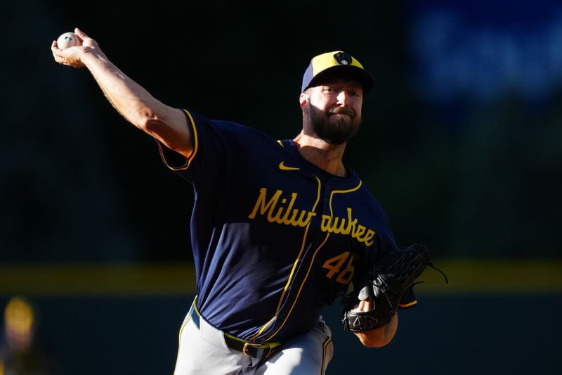 Jul 3, 2024; Denver, Colorado, USA; Milwaukee Brewers starting pitcher Colin Rea (48) delivers a pitch in the first inning against the Colorado Rockies at Coors Field. Mandatory Credit: Ron Chenoy-USA TODAY Sports