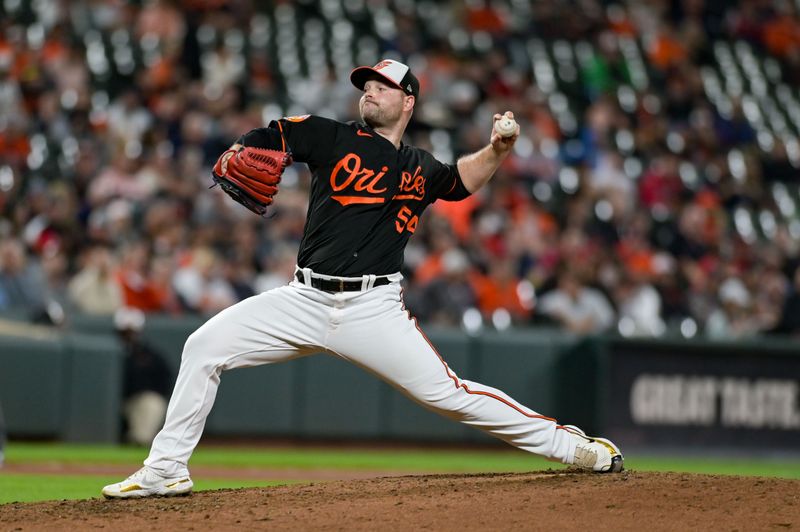 Sep 27, 2023; Baltimore, Maryland, USA;  Baltimore Orioles relief pitcher Danny Coulombe (54) throws a pitch during the eighth inning against the Washington Nationals at Oriole Park at Camden Yards. Mandatory Credit: Tommy Gilligan-USA TODAY Sports