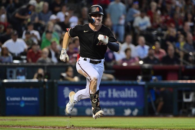 Jul 26, 2023; Phoenix, Arizona, USA;  Arizona Diamondbacks left fielder Corbin Carroll (7) singles in the eighth inning against the St. Louis Cardinals at Chase Field. Mandatory Credit: Matt Kartozian-USA TODAY Sports