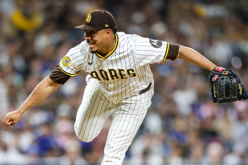 Jun 9, 2025; San Diego, California, USA; San Diego Padres relief pitcher Jeremiah Estrada (56) throws a pitch during the seventh inning against the Los Angeles Dodgers  at Petco Park. Mandatory Credit: David Frerker-Imagn Images