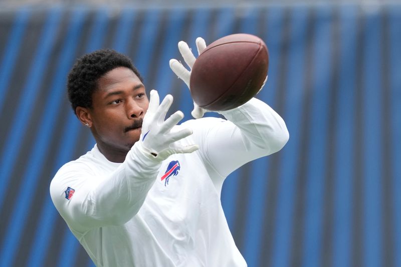 Buffalo Bills wide receiver Stefon Diggs makes a catch before an NFL preseason football game against the Chicago Bears, Saturday, Aug. 26, 2023, in Chicago. (AP Photo/Charles Rex Arbogast)