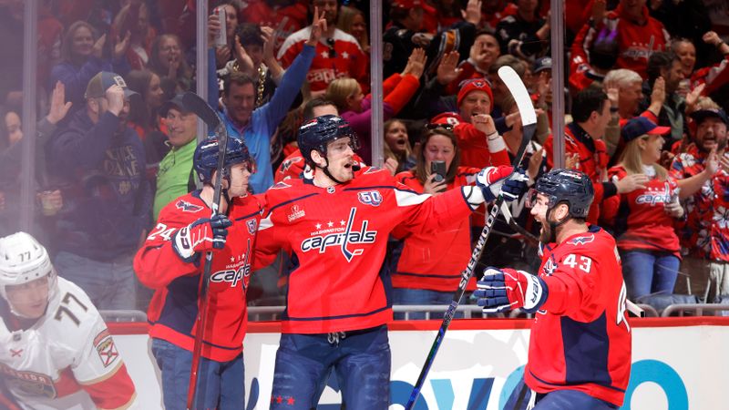 Mar 22, 2025; Washington, District of Columbia, USA; Washington Capitals center Connor McMichael (24) celebrates with teammates after scoring a goal against the Florida Panthers during the first period at Capital One Arena. Mandatory Credit: Amber Searls-Imagn Images
