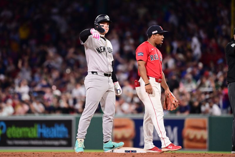 Jun 14, 2024; Boston, Massachusetts, USA; New York Yankees right fielder Alex Verdugo (24) reacts to a hit against the Boston Red Sox during the fifth inning at Fenway Park. Mandatory Credit: Eric Canha-USA TODAY Sports