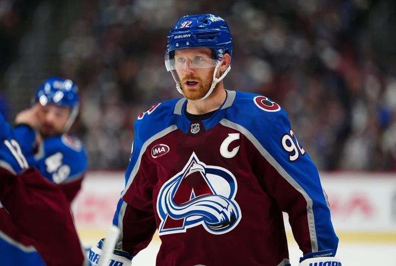 Mar 25, 2025; Denver, Colorado, USA; Colorado Avalanche left wing Gabriel Landeskog (92) during the second period against the Dallas Stars at Ball Arena. Mandatory Credit: Ron Chenoy-Imagn Images