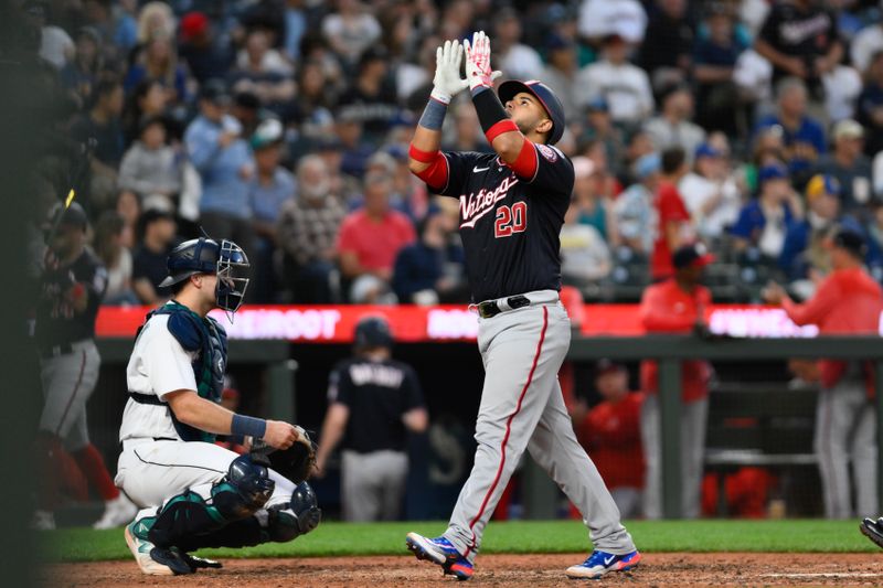 Jun 27, 2023; Seattle, Washington, USA; Washington Nationals catcher Keibert Ruiz (20) crosses home plate after hitting a home run against the Seattle Mariners during the eighth inning at T-Mobile Park. Mandatory Credit: Steven Bisig-USA TODAY Sports