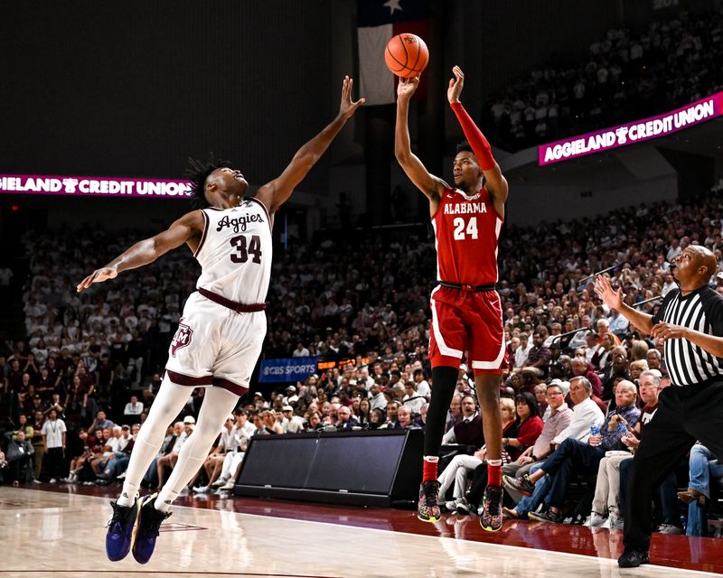 Mar 4, 2023; College Station, Texas, USA;  Alabama Crimson Tide forward Brandon Miller (24) shoots the ball over Texas A&M Aggies forward Julius Marble (34) during the first half at Reed Arena. Mandatory Credit: Maria Lysaker-USA TODAY Sports