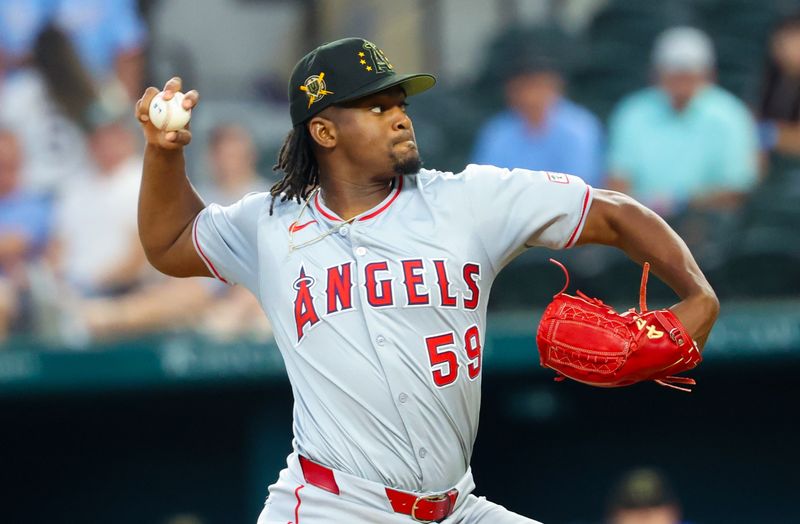 May 19, 2024; Arlington, Texas, USA; Los Angeles Angels pitcher Jose Soriano (59) throws during the first inning against the Texas Rangers at Globe Life Field. Mandatory Credit: Kevin Jairaj-USA TODAY Sports