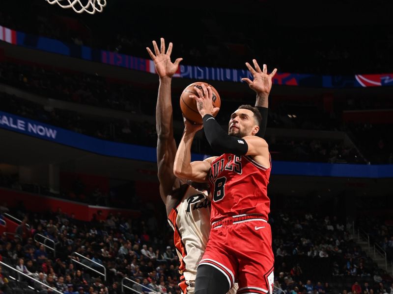 DETROIT, MI - NOVEMBER 18: Zach LaVine #8 of the Chicago Bulls drives to the basket during the game against the Detroit Pistons on November 18, 2024 at Little Caesars Arena in Detroit, Michigan. NOTE TO USER: User expressly acknowledges and agrees that, by downloading and/or using this photograph, User is consenting to the terms and conditions of the Getty Images License Agreement. Mandatory Copyright Notice: Copyright 2024 NBAE (Photo by Chris Schwegler/NBAE via Getty Images)