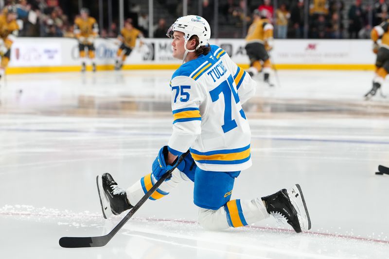 Jan 10, 2026; Las Vegas, Nevada, USA; St. Louis Blues defenseman Tyler Tucker (75) warms up before a game against the Vegas Golden Knights at T-Mobile Arena. Mandatory Credit: Stephen R. Sylvanie-Imagn Images