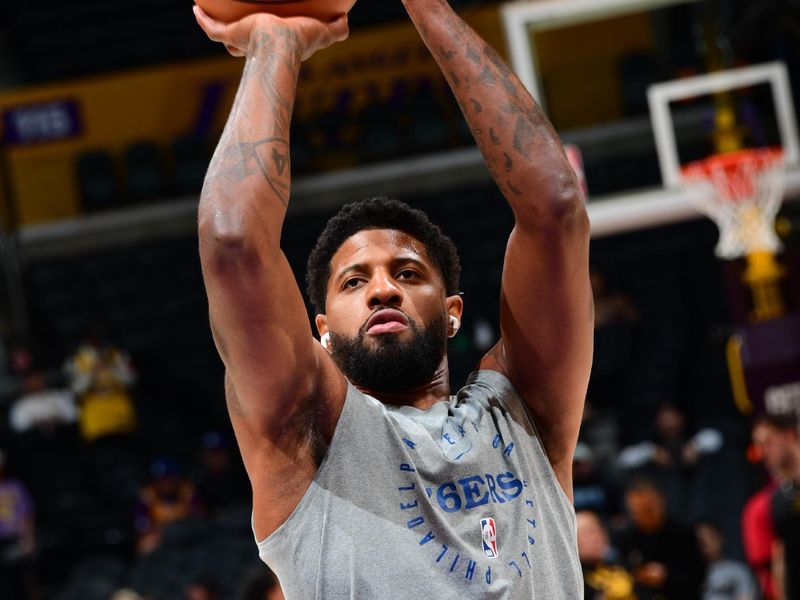 LOS ANGELES, CA - NOVEMBER 8: Paul George #8 of the Philadelphia 76ers warms up before the game against the Los Angeles Lakers on Novemberr 8, 2024 at Crypto.Com Arena in Los Angeles, California. NOTE TO USER: User expressly acknowledges and agrees that, by downloading and/or using this Photograph, user is consenting to the terms and conditions of the Getty Images License Agreement. Mandatory Copyright Notice: Copyright 2024 NBAE (Photo by Adam Pantozzi/NBAE via Getty Images)