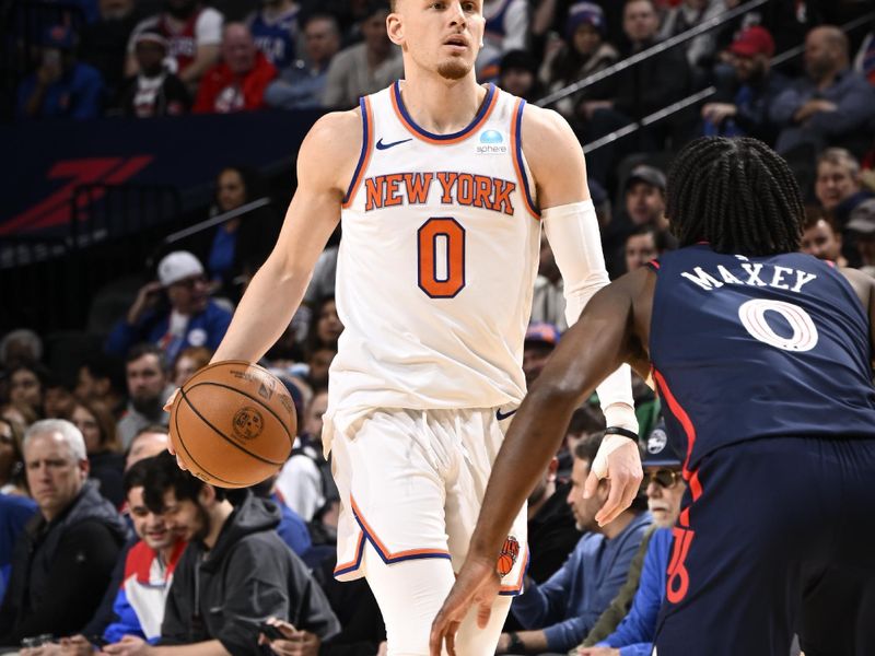 PHILADELPHIA, PA - FEBRUARY 22: Donte Divincenzo #0 of the New York Knicks dribbles the ball during the game against the Philadelphia 76ers on February 22, 2024 at the Wells Fargo Center in Philadelphia, Pennsylvania NOTE TO USER: User expressly acknowledges and agrees that, by downloading and/or using this Photograph, user is consenting to the terms and conditions of the Getty Images License Agreement. Mandatory Copyright Notice: Copyright 2024 NBAE (Photo by David Dow/NBAE via Getty Images)