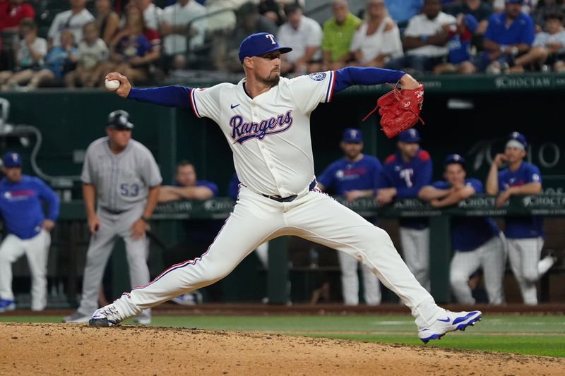 May 13, 2025; Arlington, Texas, USA; Texas Rangers pitcher Shawn Armstrong (43) throws to the plate during the ninth inning against the Colorado Rockies at Globe Life Field. Mandatory Credit: Raymond Carlin III-Imagn Images