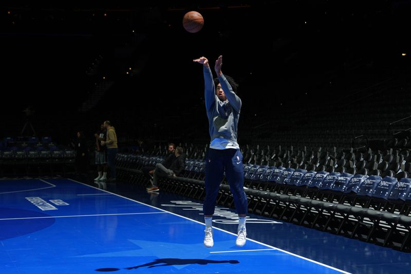 PHILADELPHIA, PA - NOVEMBER 22: Jared McCain #20 of the Philadelphia 76ers warms up before the game against the Brooklyn Nets during the Emirates NBA Cup game on November 22, 2024 at the Wells Fargo Center in Philadelphia, Pennsylvania NOTE TO USER: User expressly acknowledges and agrees that, by downloading and/or using this Photograph, user is consenting to the terms and conditions of the Getty Images License Agreement. Mandatory Copyright Notice: Copyright 2024 NBAE (Photo by Jesse D. Garrabrant/NBAE via Getty Images)