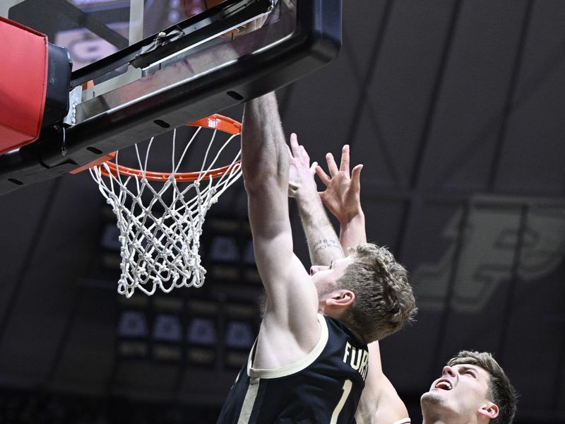 Feb 25, 2023; West Lafayette, Indiana, USA; Purdue Boilermakers forward Caleb Furst (1) shoots the ball against Indiana Hoosiers forward Miller Kopp (12) during the second half at Mackey Arena. Indiana won 79-71. Mandatory Credit: Marc Lebryk-USA TODAY Sports