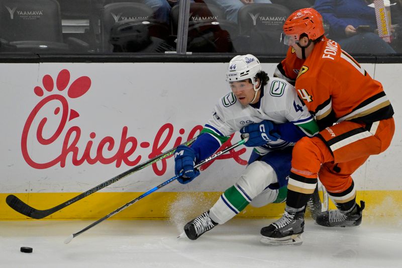 Nov 5, 2024; Anaheim, California, USA; Vancouver Canucks left wing Kiefer Sherwood (44) and Anaheim Ducks left wing Ross Johnston (44) battle along the boards in the second period at Honda Center. Mandatory Credit: Jayne Kamin-Oncea-Imagn Images