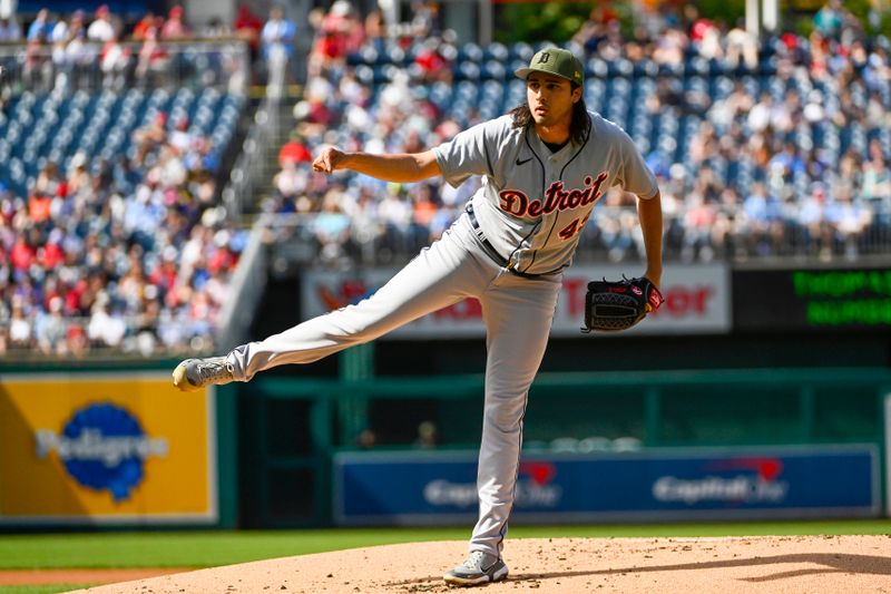 May 20, 2023; Washington, District of Columbia, USA; Detroit Tigers starting pitcher Alex Faedo (49) throws to the Washington Nationals during the first inning at Nationals Park. Mandatory Credit: Brad Mills-USA TODAY Sports