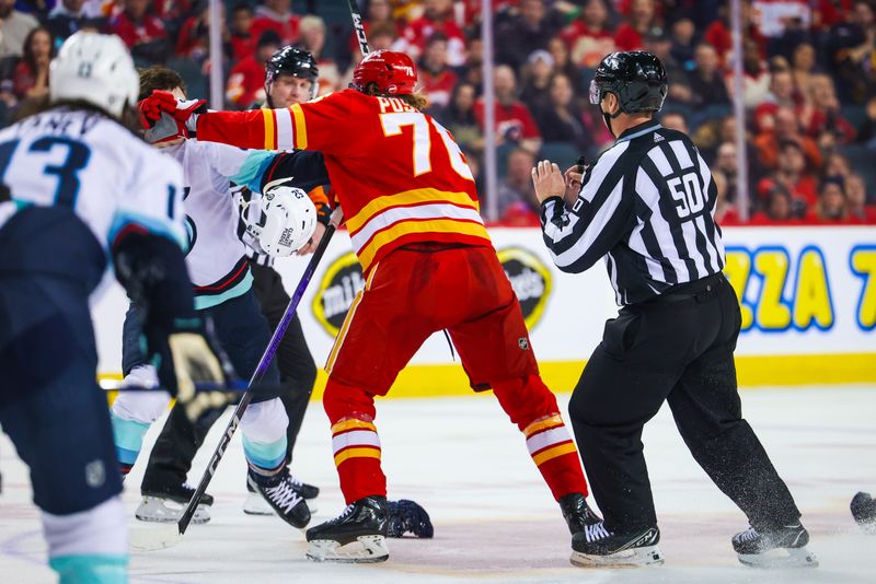 Mar 4, 2024; Calgary, Alberta, CAN; Calgary Flames center Martin Pospisil (76) and Seattle Kraken left wing Tye Kartye (52) gets into a scrum during the second period at Scotiabank Saddledome. Mandatory Credit: Sergei Belski-USA TODAY Sports