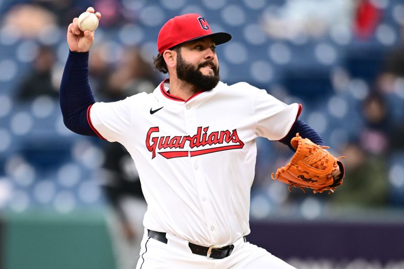 Apr 10, 2025; Cleveland, Ohio, USA; Cleveland Guardians relief pitcher Jakob Junis (16) throws a pitch during the sixth inning against the Chicago White Sox at Progressive Field. Mandatory Credit: Ken Blaze-Imagn Images