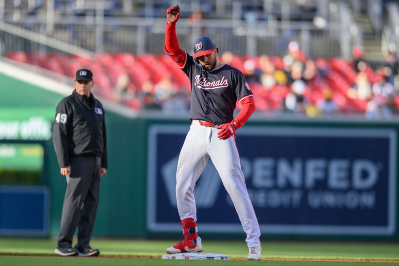 Apr 4, 2024; Washington, District of Columbia, USA; Washington Nationals first baseman Joey Gallo (24) reacts after hitting a double during the second inning against the Pittsburgh Pirates at Nationals Park. Mandatory Credit: Reggie Hildred-USA TODAY Sports