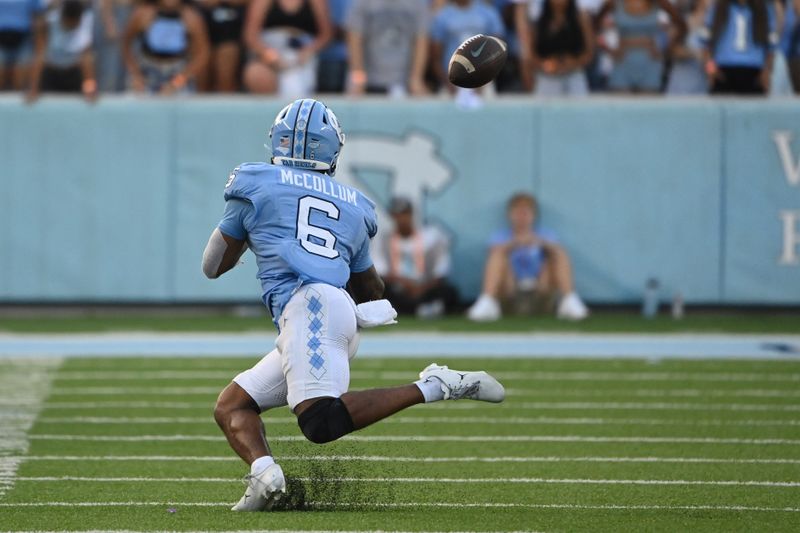 Sep 16, 2023; Chapel Hill, North Carolina, USA; North Carolina Tar Heels wide receiver Nate McCollum (6) is originally ruled out of bounds but is overturn for a catch in the fourth quarter at Kenan Memorial Stadium. Mandatory Credit: Bob Donnan-USA TODAY Sports