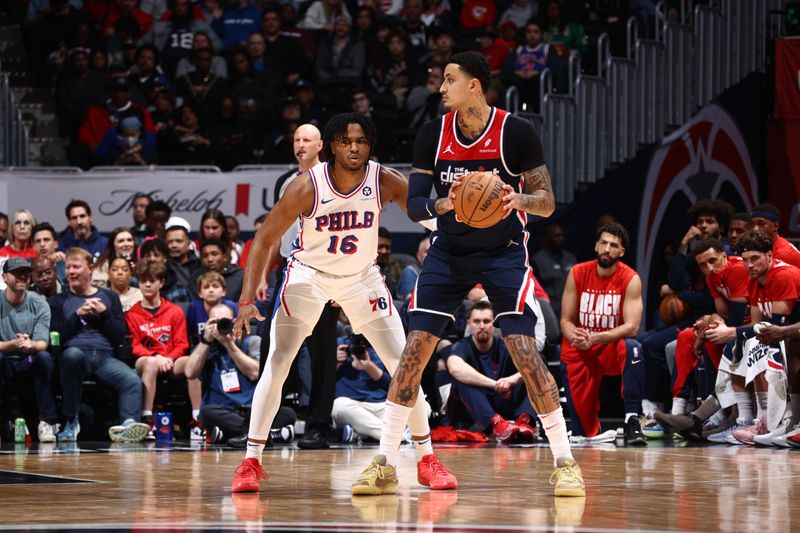 WASHINGTON, DC -? FEBRUARY 10: Ricky Council IV #16 of the Philadelphia 76ers plays defense against Kyle Kuzma #33 of the Washington Wizards on February 10, 2024 at Capital One Arena in Washington, DC. NOTE TO USER: User expressly acknowledges and agrees that, by downloading and or using this Photograph, user is consenting to the terms and conditions of the Getty Images License Agreement. Mandatory Copyright Notice: Copyright 2024 NBAE (Photo by Kenny Giarla/NBAE via Getty Images)