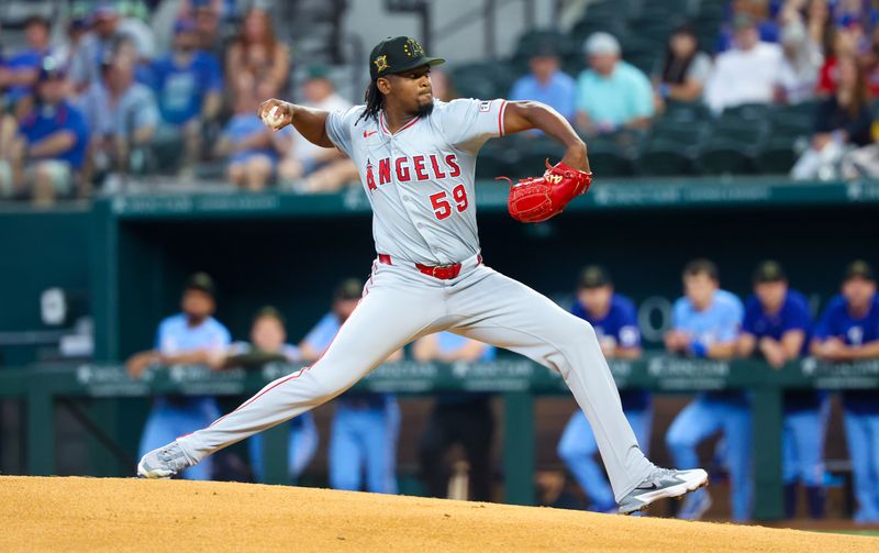 May 19, 2024; Arlington, Texas, USA; Los Angeles Angels pitcher Jose Soriano (59) throws during the first inning against the Texas Rangers at Globe Life Field. Mandatory Credit: Kevin Jairaj-USA TODAY Sports