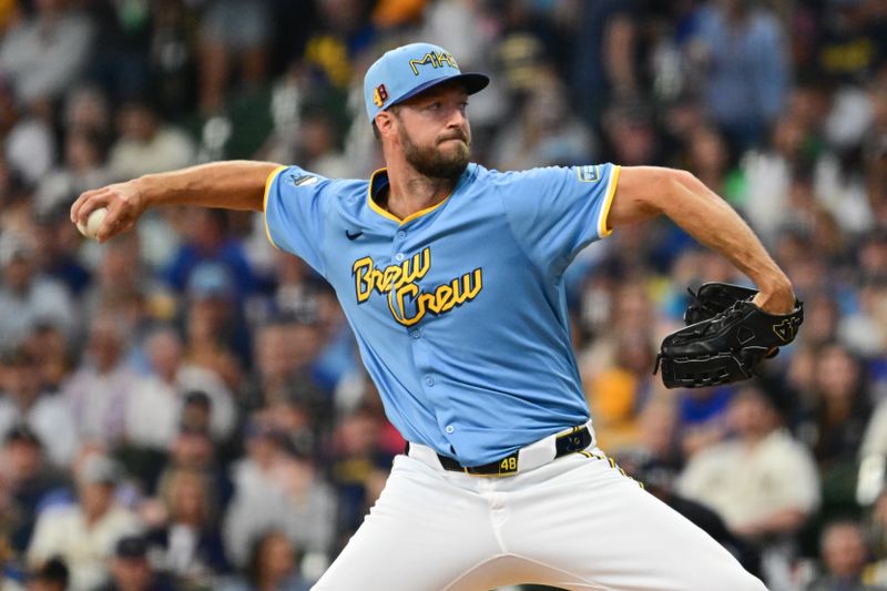 Aug 18, 2024; Milwaukee, Wisconsin, USA; Milwaukee Brewers starting pitcher Colin Rea (48) pitches against the Cleveland Guardians in the first inning at American Family Field. Mandatory Credit: Benny Sieu-USA TODAY Sports