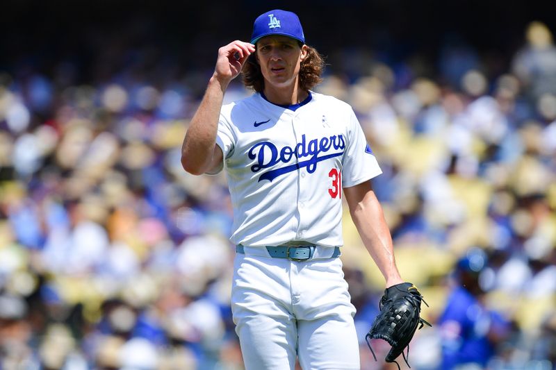 Jun 16, 2024; Los Angeles, California, USA; Los Angeles Dodgers pitcher Tyler Glasnow (31) following the sixth inning against the Kansas City Royals at Dodger Stadium. Mandatory Credit: Gary A. Vasquez-USA TODAY Sports