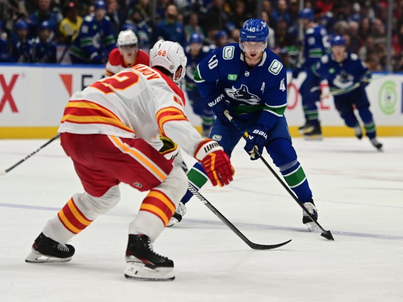 Mar 23, 2024; Vancouver, British Columbia, CAN; Vancouver Canucks forward Elias  Pettersson (40) skates with puck against the Calgary Flames during the third period at Rogers Arena. Mandatory Credit: Simon Fearn-USA TODAY Sports