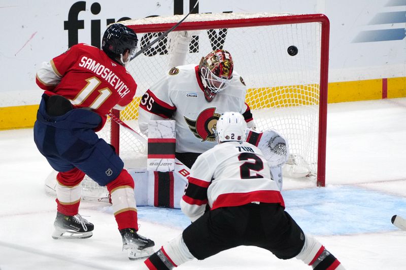 Oct 11, 2025; Sunrise, Florida, USA;  Florida Panthers right wing Mackie Samoskevich (11) scores a goal past Ottawa Senators goaltender Linus Ullmark (35) during the third period at Amerant Bank Arena. Mandatory Credit: Jim Rassol-Imagn Images