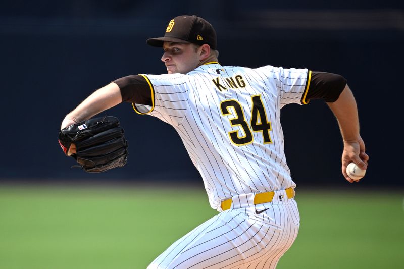 Jul 10, 2024; San Diego, California, USA; San Diego Padres starting pitcher Michael King (34) pitches against the Seattle Mariners during the first inning at Petco Park. Mandatory Credit: Orlando Ramirez-USA TODAY Sports